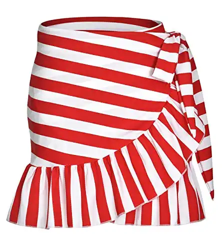 ChinFun Women's Ruffle Sarongs Beach Wrap Swimwear Bikini Tankini Cover Up Swim Skirts Swimdress Red Stripe L-2XL