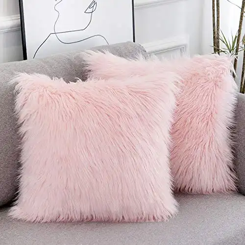 WLNUI Set of 2 Pink Fluffy Pillow Covers New Luxury Series Merino Style Blush Faux Fur Decorative Throw Pillow Covers Square Fuzzy Cushion Case 18x18 Inch