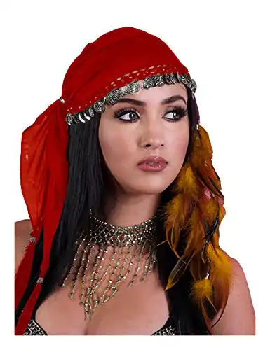 Largemouth Gypsy Head Scarf With Coins (Red/Silver)