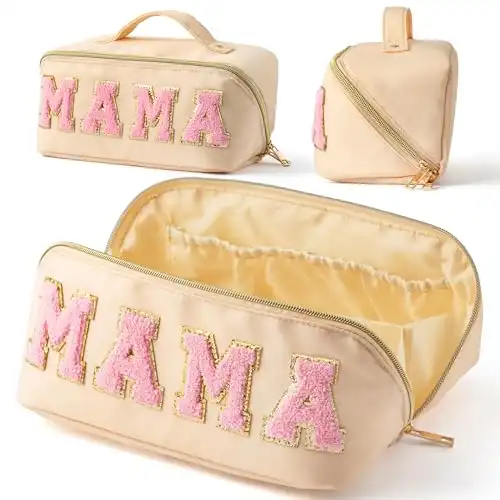 Y1tvei Large Capacity Chenille MAMA Makeup Bag Waterproof Nylon Portable Lay Flat Open Wide Cosmetic Toiletry with Handle Divider Travel Organizer Mama to Be Mother's Day Gift for Women Mom, Beig...