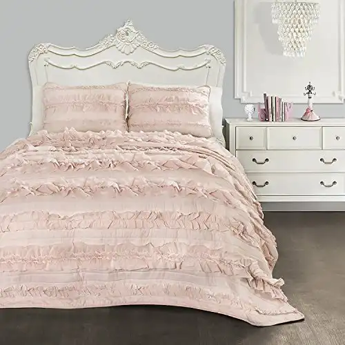 Lush Decor Belle 3 Piece Ruffled Vintage Chic Blush Comforter Set with Bed Skirt and Pillow Sham, Twin XL