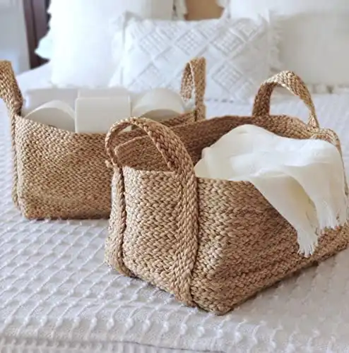 GooBloo Handmade Woven Basket 100% Jute - 10” x 7” - Set of 2- Storage Basket for Living Room, Toys, Storage, Towels or Nursery - Wicker Baskets with Handles - Handmade Natural Bathroom Hampers