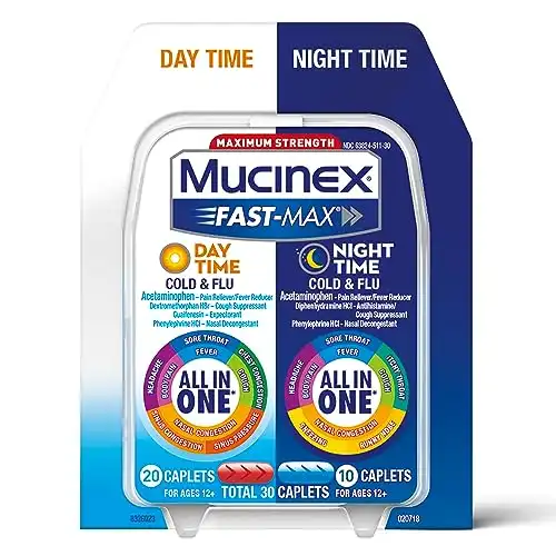 Mucinex Fast-Max Day Time Cold & Flu and Night Time Cold & Flu Medicine, Maximum Strength All in One Multi Symptom Relief for Congestion, Sore Throat, Headache, Cough and Reduces Fever, 30 Cap...