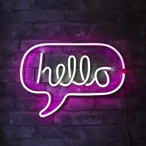 Isaac Jacobs 17” x 12” inch LED Neon ‘White & Pink “hello” Word Bubble’ Wall Sign for Cool Light, Wall Art, Bedroom Decorations, Home Accessories, Party, and Holiday Décor: Powered by...