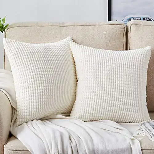 Bedwin White Cream Pillow Covers 2 Sets Decorative White Throw Pillow Covers 18x18 Inch, Soft Corduroy Cushion Covers Corn Striped, Home Decor for Couch