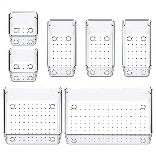 SMARTAKE 7-Piece Drawer Organizers with Non-Slip Silicone Pads, 4-Size Desk Drawer Organizer Trays Storage Tray for Makeup, Jewelries, Utensils in Bedroom Dresser, Office and Kitchen, Clear