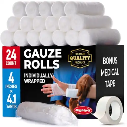 Premium Gauze Rolls - (24 Pack) - 4" x 4.1yd Breathable Rolled Gauze - Individually Wrapped + Bonus Tape - First Aid Conforming Gauze Wrap Roll for Wounds