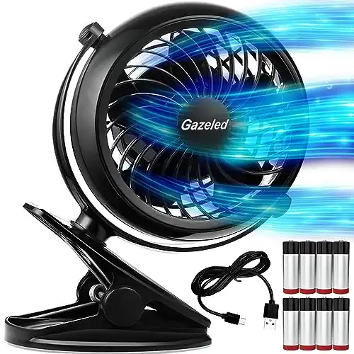 Gazeled Clip on Fan Battery Operated, 360° Rotation, with 8 Free AA Batteries, Quiet USB or Battery Operated Fan, 5'' Portable Battery Powered Clip on Fan for Camping, Stroller, Bedroom, Ou...