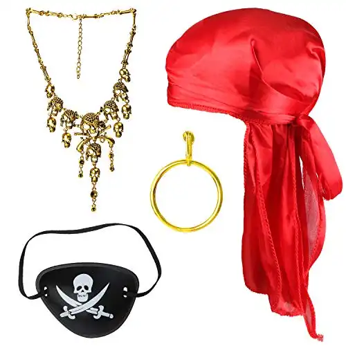 Beelittle Halloween Pirate Costume Accessories Durag Long-Tail Headwraps Silky Pirate Cap Pirate Eye Patch Gold Earring Necklace Pirate Role Play Set (Red 2)