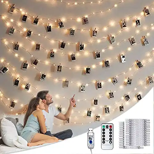 BRYUBR Photo Clip String Lights with Remote, 33FT 100 LED USB Powered Fairy Lights Picture Clips, 8 Modes with 50 Clear Clips for Dorm, Bedroom, Christmas, Party, Wedding Decor (Warm White)