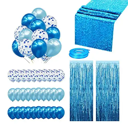 Blue Party Decoration Supplies Set 35 Pack, Include 30 Balloons, 2 Blue Foil Fringe Curtains, 1 Blue Sequin Table Runner for Birthday Party, Baby Shower, Wedding, Anniversary, Graduation, Prom