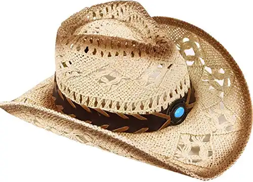 Livingston Cowboy Hat Men & Women's Woven Straw Cowgirl Hat w/Hat Band Straw, Bead Beige