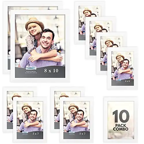 Icona Bay Combination White Picture Frames Set - 10 PC (Four 4x6, Four 5x7, Two 8x10), Impresia Collection Multi-Pack, Simple Modern Design for Wall Gallery