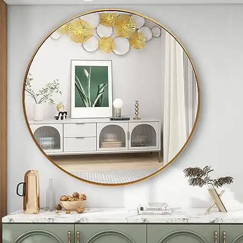 FANYUSHOW Round Mirror, Wall Mounted Circle Mirror with Brushed Metal Frame, Circular Mirror for for Bathroom, Living Room, Vanity, Bedroom, Entryway,15.7inch, Gold