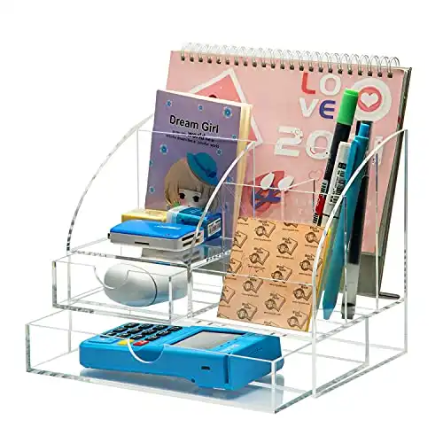 Gadexpha Acrylic Desk Organizer With 2 Drawers, Clear Pen Holder for Desk and Accessories, Pen Holder For Desk, 5 Compartments Desk Storage, File Sorter, Office Supplies, for Dorm, Home, School