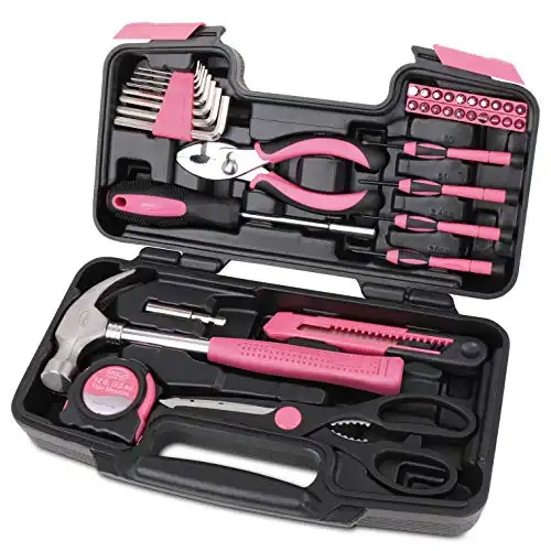 Apollo Tools Original 39 Piece General Household Tool Set in Toolbox Storage Case with Essential Hand Tools for Everyday Home Repairs, DIY and Crafts - Pink Ribbon - Pink - DT9706P