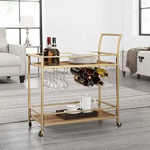 FirsTime & Co. Gold and Brown Francesca Bar Cart, 2 Tier Mobile Mini Bar, Kitchen Serving Cart and Coffee Station with Storage for Wine and Glasses, Metal and Wood, Modern