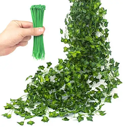 Tumiva Deco 12 Pack 84 Ft Artificial Ivy Garland - 50 pcs Green Cable Tie - Fake Ivy Leaves Greenery Vines for Wedding Party Kitchen Garden Wall Decoration - Hanging Plants for Indoor Outdoor Use