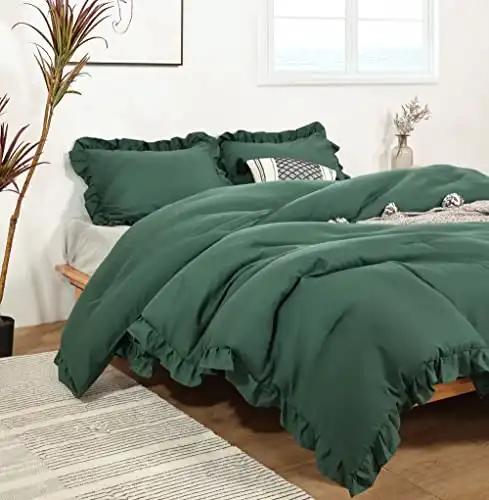 JANZAA Ruffle Green Comforter Set Queen Size Comforter 3PCS 1 Emerald Comforter and 2 Pillowcases Vintage Farmhouse Shabby Chic Bedding Soft Fluffy Comforter Set All Season