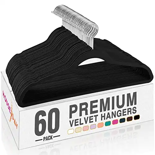 HOUSE DAY Black Velvet Hangers 60 Pack , Premium Clothes Non-Slip Felt Hangers , Sturdy Heavy Duty Coat Durable Suit for Space Saving , No Hanger Marks 360 Rotating