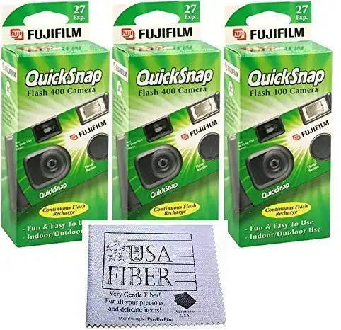 Fujifilm QuickSnap Flash 400 Disposable 35mm Camera + Pure Fiber USA Microfiber Cloth (3 Pack)