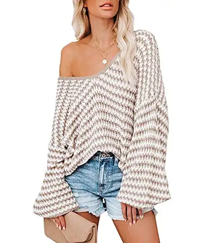Womens Off The Shoulder Sweater Long Sleeve Stripe Color Block Loose Knitted Pullover Jumper Tops (Khaki, Large)