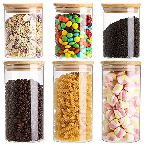 Lawei 6 Pack Glass Storage Jars with Airtight Bamboo Lids, 15 oz 25 oz Glass Kitchen Canisters, Clear Food Storage Jar Storage Containers for Coffee Bean, Candy, Sugar, Flour, Pasta, Nuts
