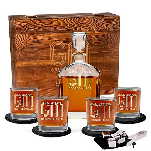 Personalized Whiskey Decanter Set for Men - 9 Design Options - Engraved Liquor Decanter Sets with Scotch Glasses - Gift Set for Him, Dad - Premium Set Includes Whiskey Stones - by Froolu