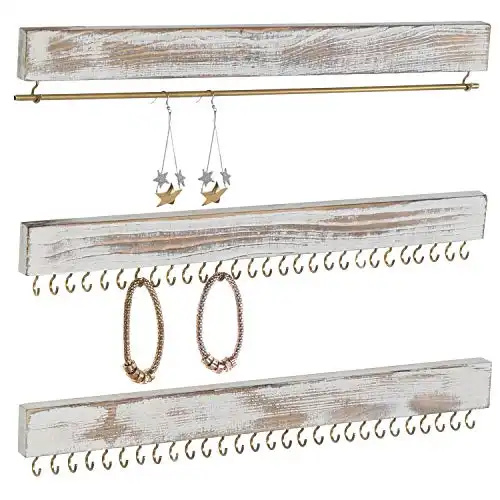 MyGift 3 Piece Hanging Jewelry Rack for Wall, Whitewashed Wood Jewelry Organizer with Brass Metal Hooks and Rod for Holding Earrings, Bracelets, and Necklaces