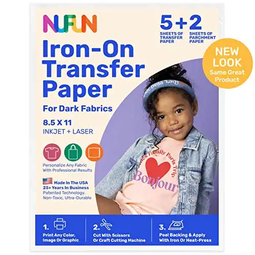 NuFun Activities Printable Iron-on Heat Transfer Paper for T Shirts, Dark Fabrics, 5 Sheets 8.5 x 11 inch, Long Lasting, Durable, Professional Quality, Easy DIY, Non-Toxic, Made In the USA
