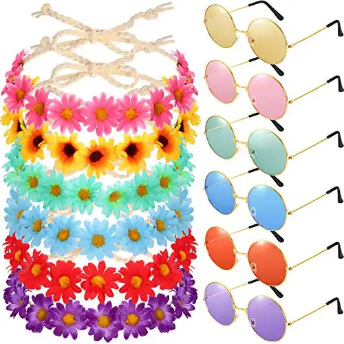12 Pieces Hippie Headband Glasses Costume Set, Includes 6 Pieces Multicolor Girl Lady Sunflower Flower Crown, 6 Pieces Round Hippie Sunglasses for Festival Party
