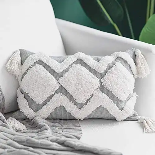 blue page Lumbar Small Decorative Throw Pillow Covers 12 X 20 Inches for Couch Sofa Bedroom Living Room, Woven Tufted Boho Pillows Cover with Tassels, Cute Grey Farmhouse Pillows Case
