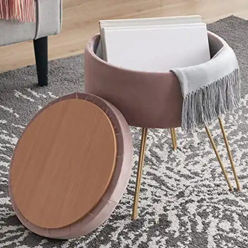 Ornavo Home Modern Round Velvet Storage Ottoman Foot Rest Stool/Seat with Gold Metal Legs & Tray Top Coffee Table - Blush