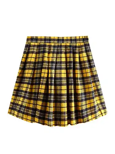 WDIRARA Women's Casual Plaid High Waist Pleated A-Line Mini Skirt Black and Yellow S
