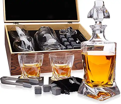 Whiskey Decanter Gift Set by Royal Reserve – Artisan Crafted Twisted Liquor Bourbon Decanter with Glasses, Chilling Stones, Coasters and Tong – Christmas Gifts for Men, Husband, Dad, Friend