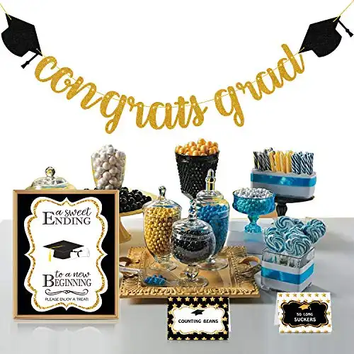 Graduation Decorations 2021 - Candy Bar Buffet Glitter Banner Sign Label Tent Cards Set - Grad Party Supplies Decor for Highschool Prek - Black and Gold