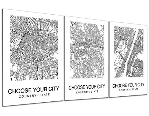 Custom Map Wall Art Print Poster Set of 3 City Map Street Black & White