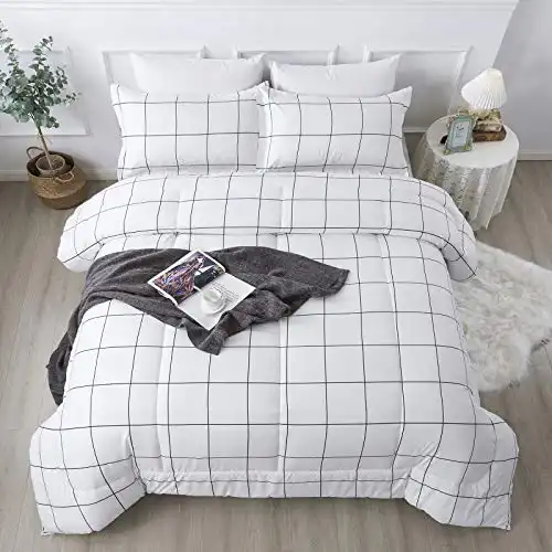 Andency White Grid Comforter Set Twin(66x90Inch), 2 Pieces (1 Plaid Comforter and 1 Pillowcase) White Plaid Comforter Set, Lightweight Microfiber Gingham Geometric Comforter Bedding Set