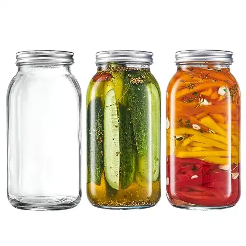 GLING [3 Count 64 oz. Wide-Mouth Glass Mason Jars with Metal Airtight Lids and Bands 2 Quart Large For Preserving, & Meal Prep
