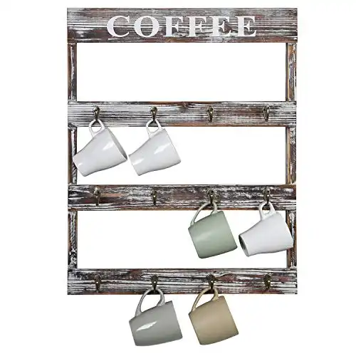 MyGift 12-Hook Rustic Torched Wood Wall Mounted Coffee Mug Rack, Teacup Cafe Mugs Display Hooks