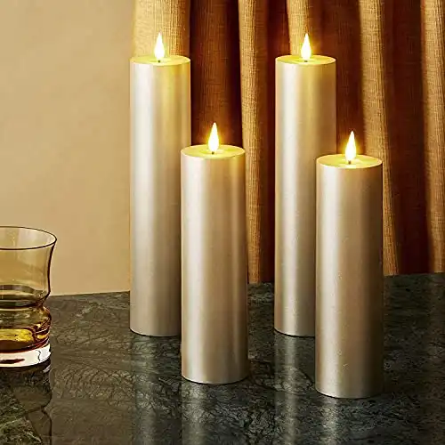 LampLust Gold Pillar Candles, Battery Operated - 4 Pack, 2 Inch Diameter, Realistic 3D Flickering LED Flame, Real Unscented Wax, Flameless Decorative Centerpiece for Wedding/Home Decor