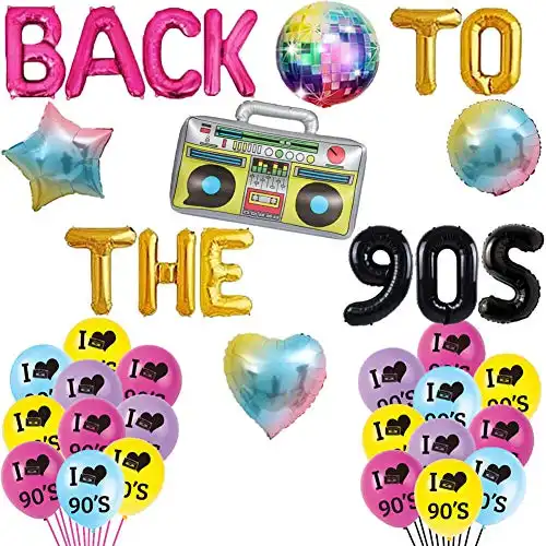 Back to The 90's Balloons Retro Radio 90s Party Banner Throwback 90's/Funny 1990's /I Love 90s/Rock Punk Music Dance Disco Boom Box Hip Hop 90th Birthday Wedding Party Supplies Decorati...