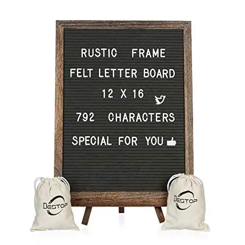 Felt Letter Board with Rustic Vintage Frame and Stand 12x16 inch, Dark Grey Changeable Letter and Message Board Includes 792 Letters, Numbers and Symbols, Hook to Hang, 2 Canvas Bags