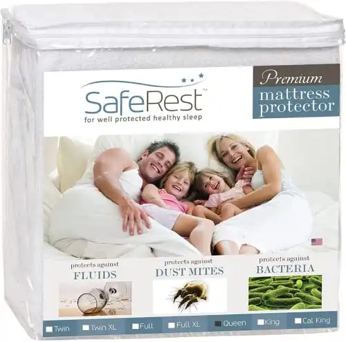 SafeRest Mattress Protector - Queen Size Cotton Terry Waterproof Mattress Protector, Breathable Fitted Mattress Cover with Stretchable Pockets
