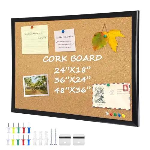 ORIENTOOLS 36 x 24 Inch Cork Board with 10 Color Pins, Bulletin Board with Black Frame for Home, Office, School, Cubicle, etc.