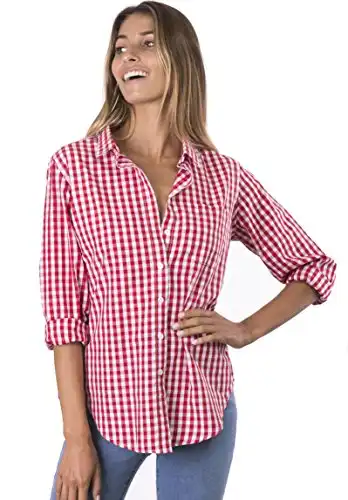 CAMIXA Women's Gingham Shirt Checkered Casual Long Sleeve Button Down Plaid Top M Red/White