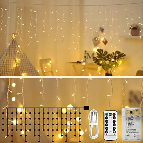 Areskey Icicle Lights 10Ft 90 LED Window Curtain String Light USB Battery Operated Waterproof Fairy String Lights for Indoor Outdoor Home Garden Bedroom Decoration 8 Modes Remote Control Warm White