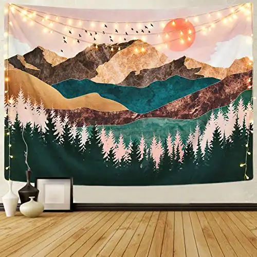 Krelymics Mountain Tapestry Forest Tree Tapestry Sunset Tapestry Nature Landscape Tapestry Wall Hanging for Room(51.2 x 59.1 inches)