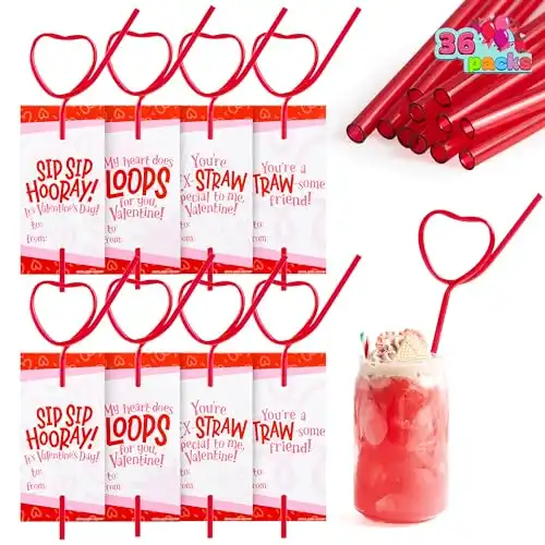 JOYIN 36 Pack Valentines Day Gift Cards with Heart Shaped Colorful Loop Reusable Drinking Straws, Valentine Crazy Straws for Girls Boys Toddlers School Class Classroom Party Gifts