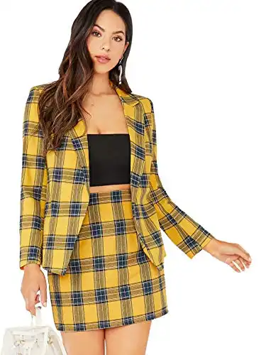 MakeMeChic Women's Two Piece Plaid Long Sleeve Blazer and Zipper Skirt Set Suit A Yellow M